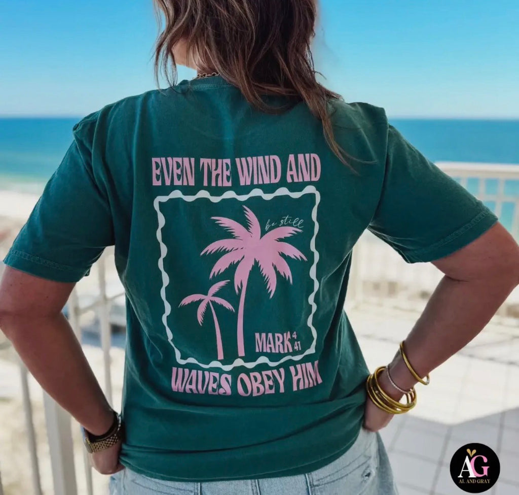 Even the Wind and Waves Obey Him Christian Beach T-Shirt