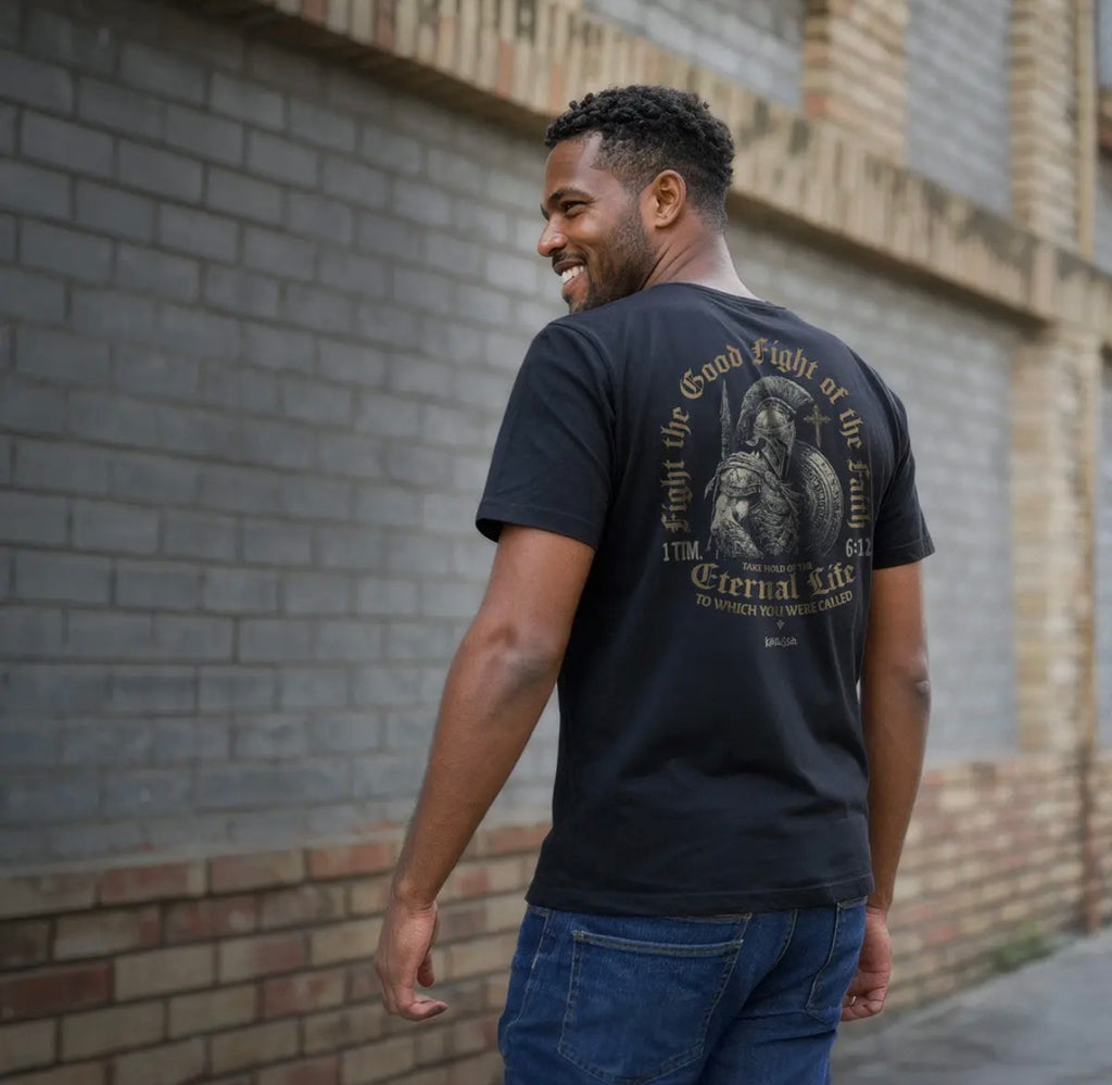 Fight the Good Fight of Faith Christian Warrior Tee – 1 Timothy 6:12