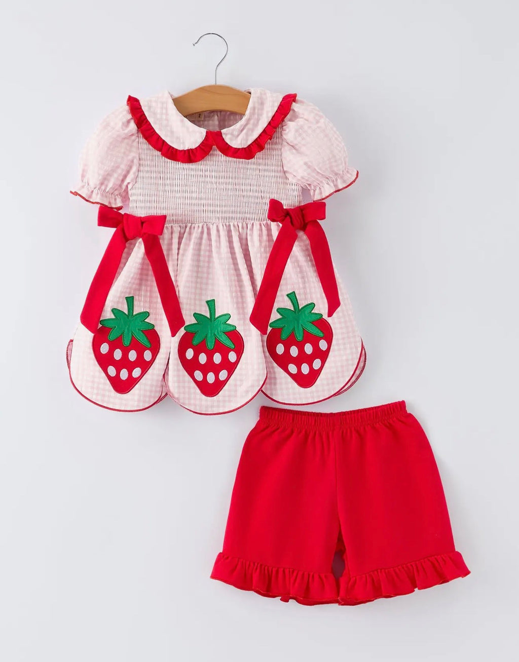 Smocked Strawberry Appliqué Short Set